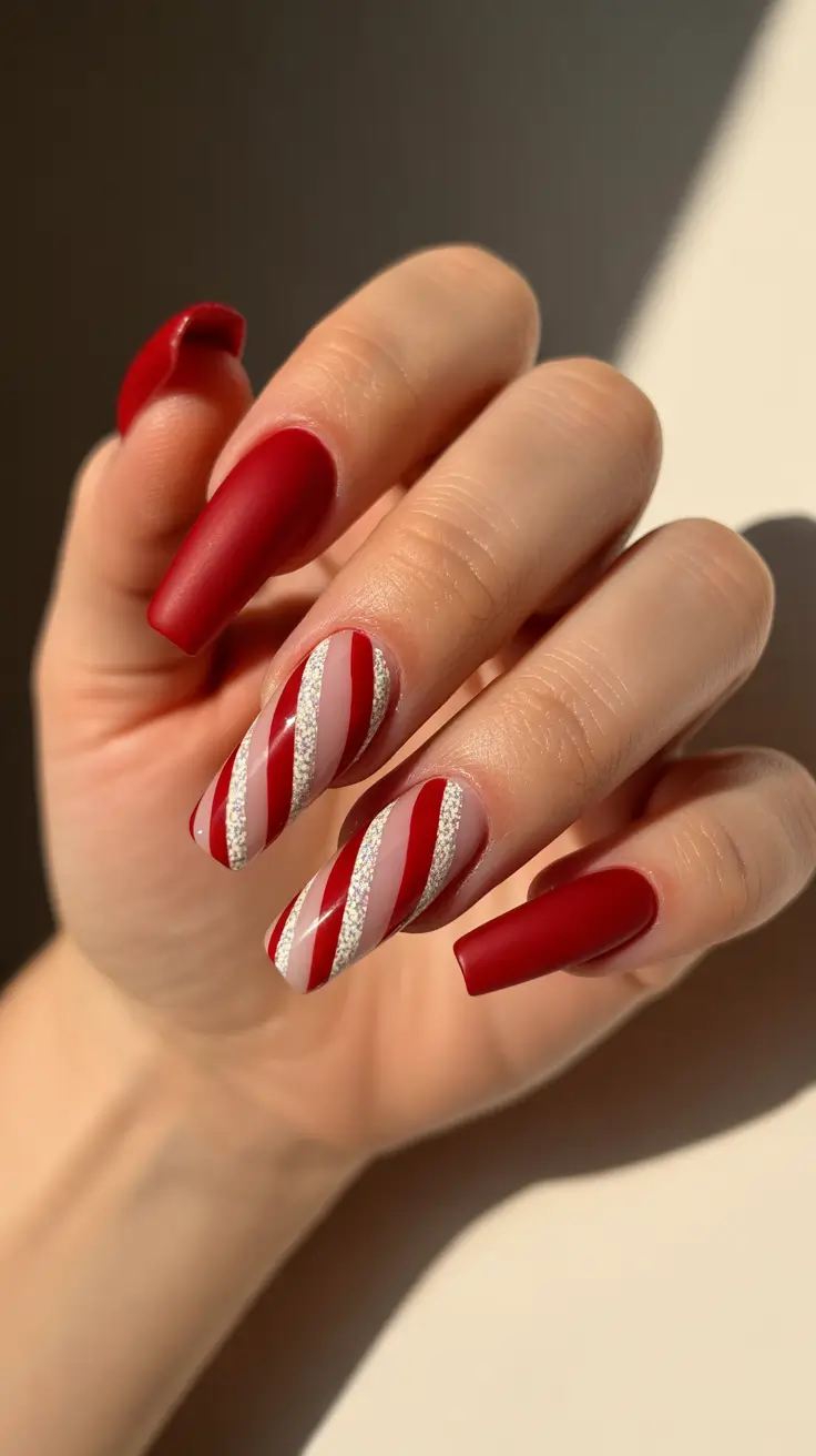 Trendy Acrylic Christmas Nails 2025 - Velvet Red With Candy-Cane Stripes