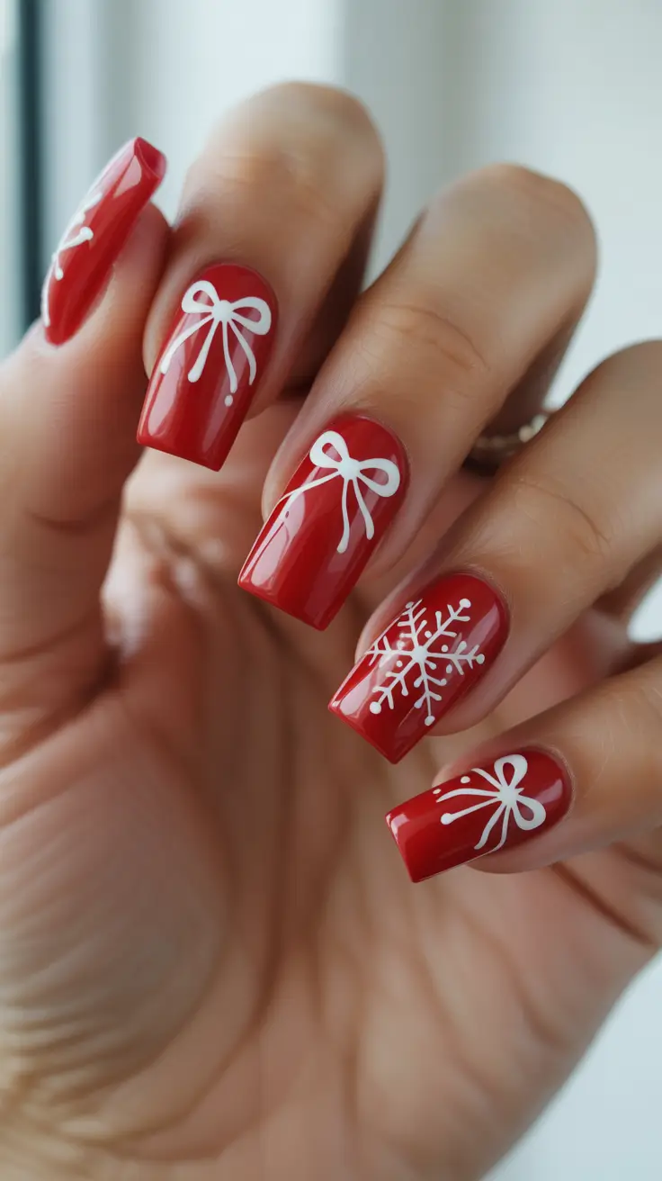 Trendy Acrylic Christmas Nails 2025 - Ribbon Bows On Glossy Cherry Red