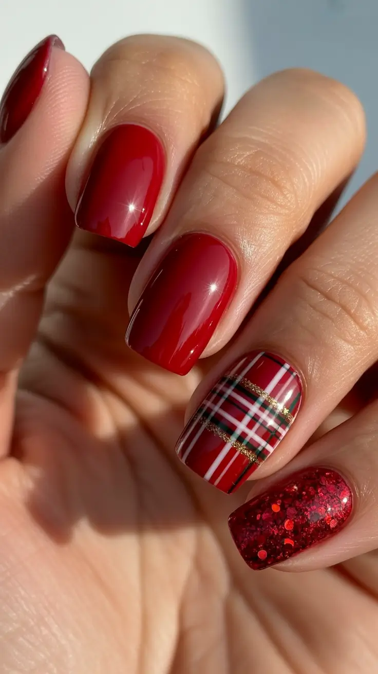 Trendy Acrylic Christmas Nails 2025 - Modern Tartan Mix With Ruby Glitter