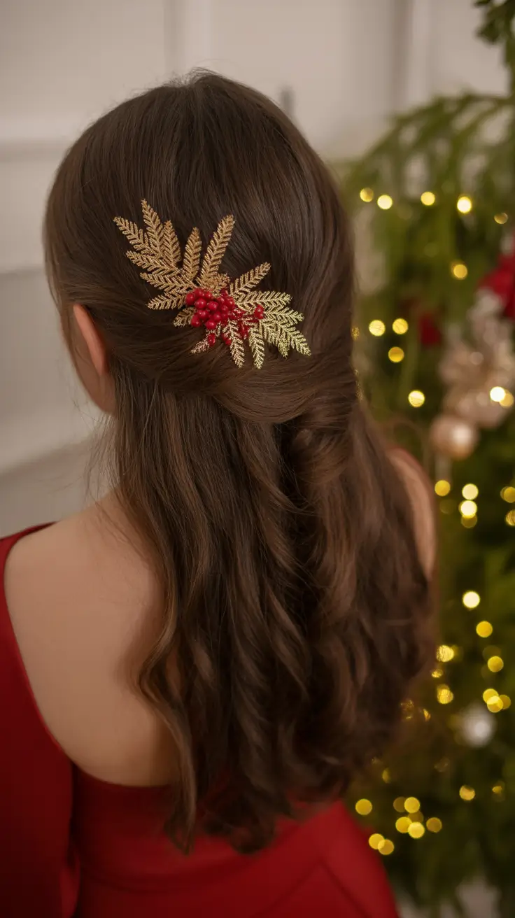 Trendy Party Hairstyles Christmas 2025 - Golden-Twisted Half-Up With Berry Accent