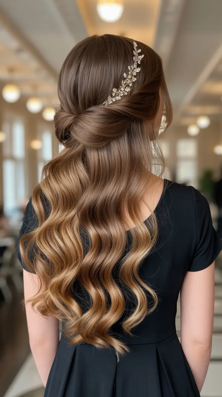 Trendy Party Hairstyles Christmas 2025 - Sculpted Half-Up Ripples With Gilded Vine