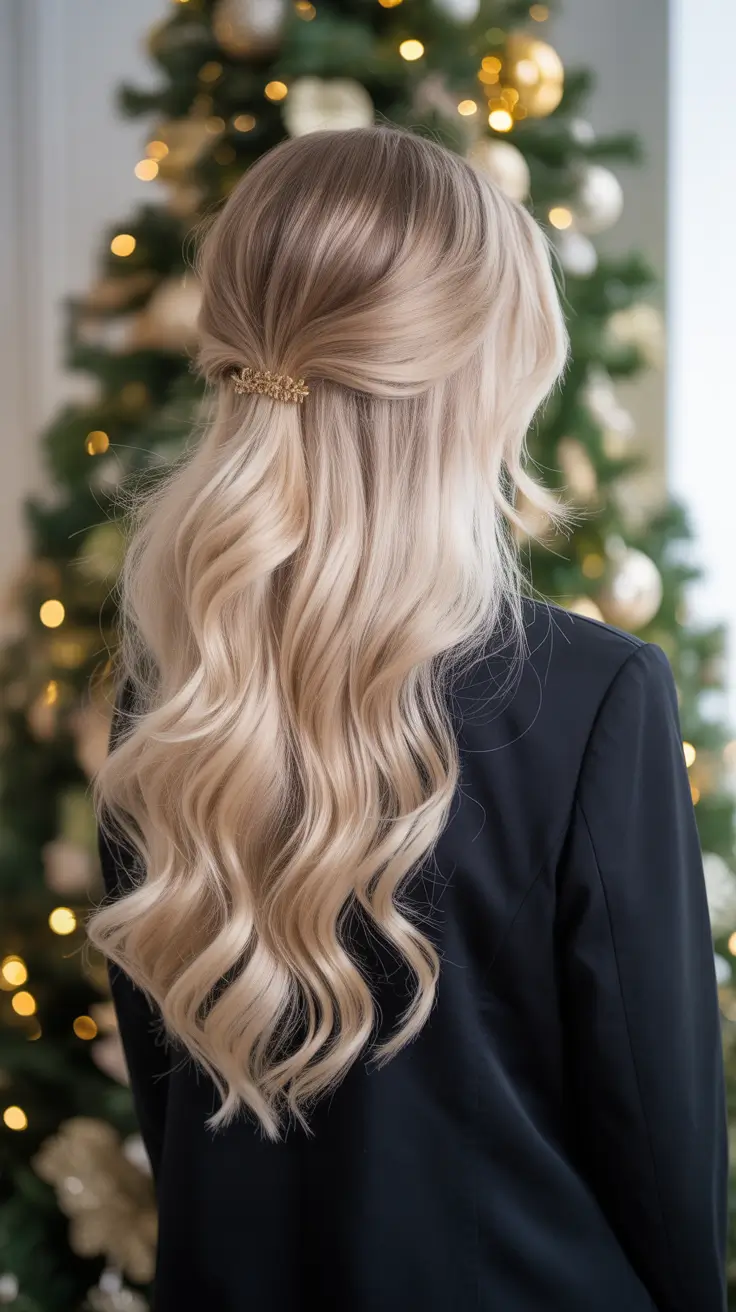 Trendy Party Hairstyles Christmas 2025 - Champagne Half-Up Barrette On Flowing Waves