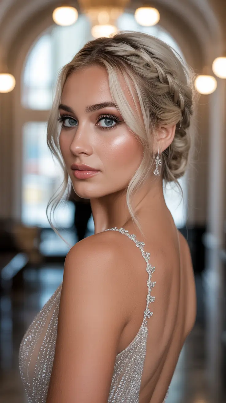 Trendy Party Hairstyles Christmas 2025 - Braided Halo Updo With Soft Face Tendrils