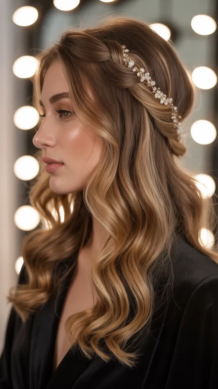 Trendy Party Hairstyles Christmas 2025 - Twist-Back Waves With Crystal Headband