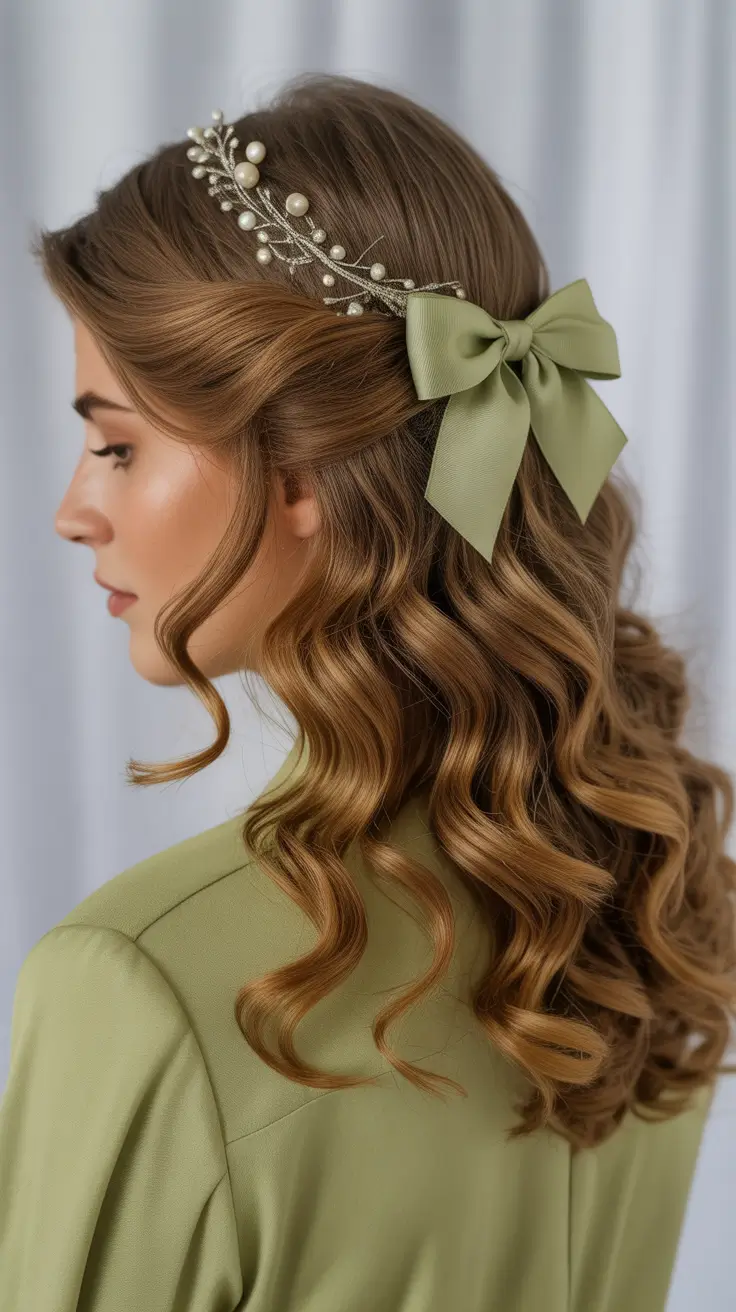 Trendy Party Hairstyles Christmas 2025 - Pearl Headband Curls With Sage Bow