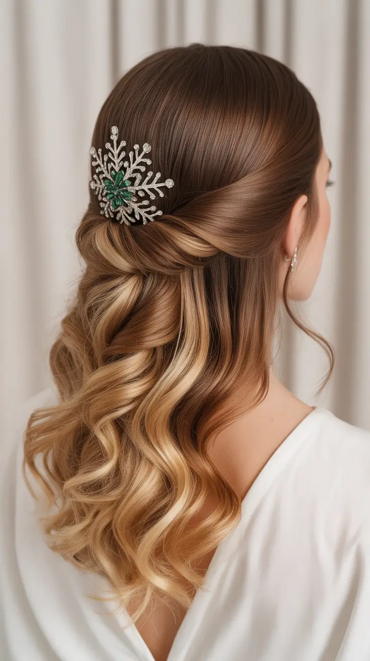 Trendy Party Hairstyles Christmas 2025 - Snowflake Half-Up On Glossy Lived-In Blonde
