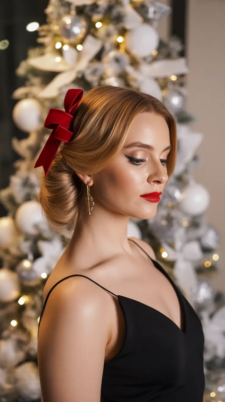 Trendy Party Hairstyles Christmas 2025 - Low Tucked Updo With Velvet Red Bow