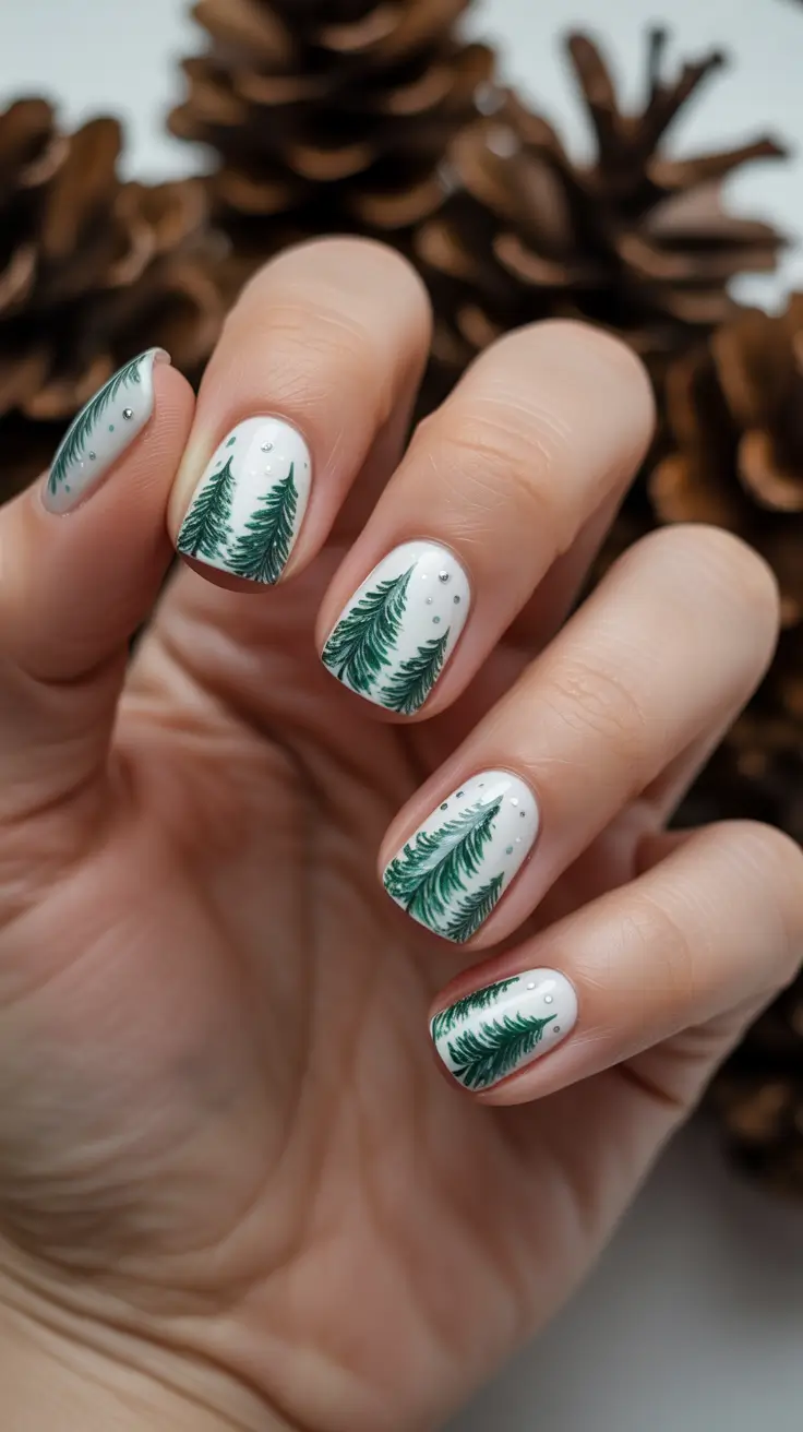 Chic Tree Nail Designs Christmas 2025 - Snowy Pines on Milky White