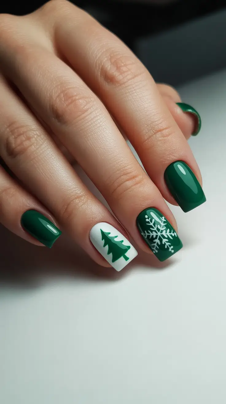 Chic Tree Nail Designs Christmas 2025 - Forest Duo With Graphic Snowflake