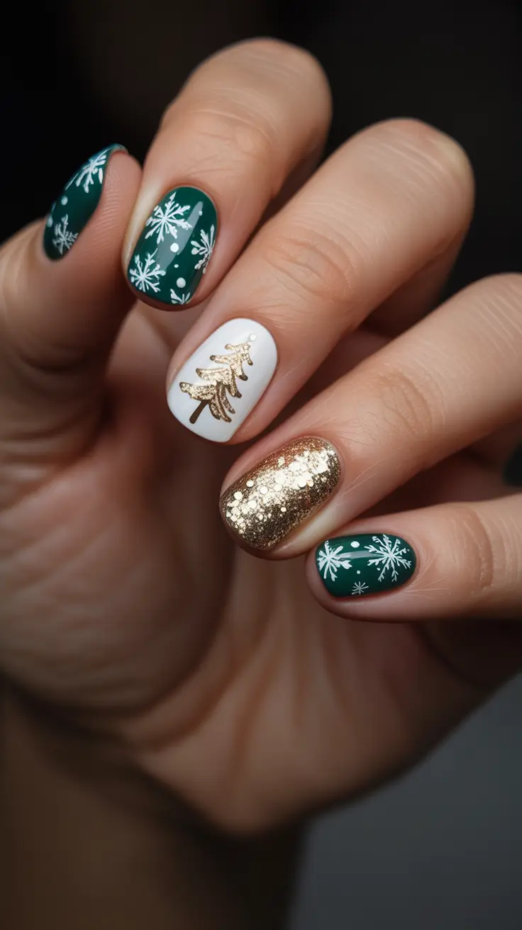 Chic Tree Nail Designs Christmas 2025 - Evergreen With Gilded Fir And Sparkle