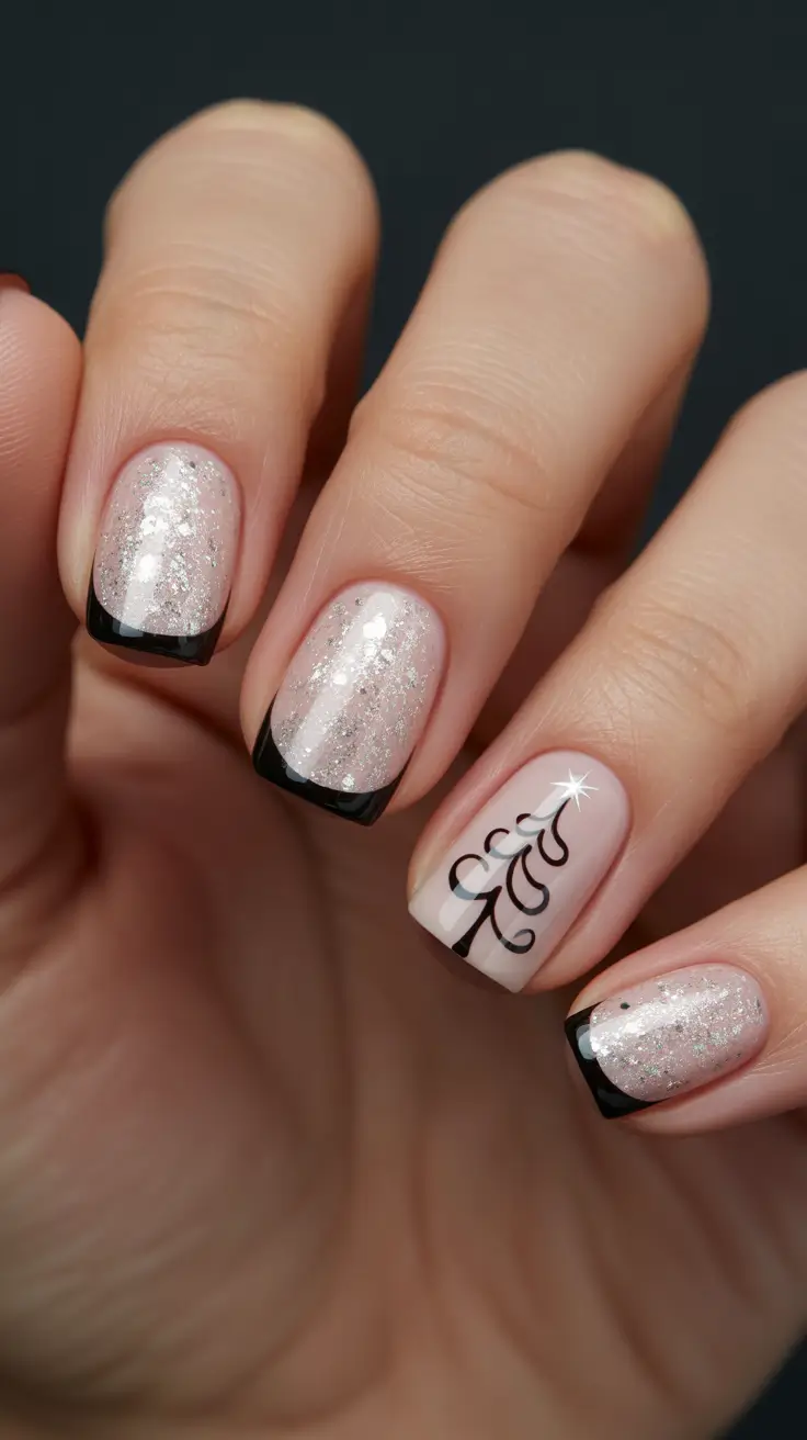 Chic Tree Nail Designs Christmas 2025 - Black French With Twinkling Tree