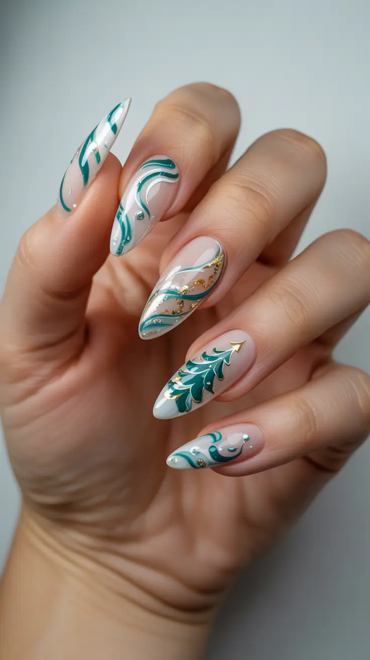 Chic Tree Nail Designs Christmas 2025 - Sculpted Fir With Ribbon Swirls