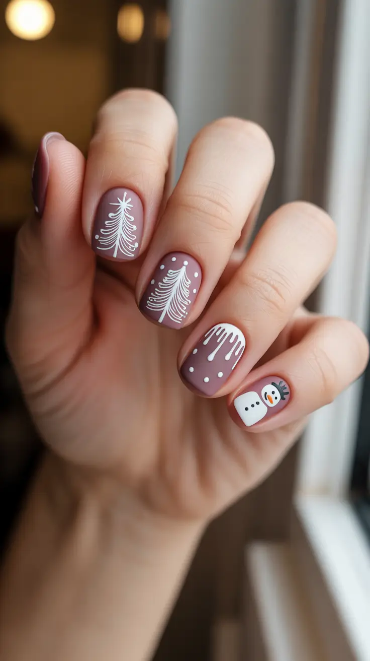 Chic Tree Nail Designs Christmas 2025 - Cocoa Matte With Whimsical Trees