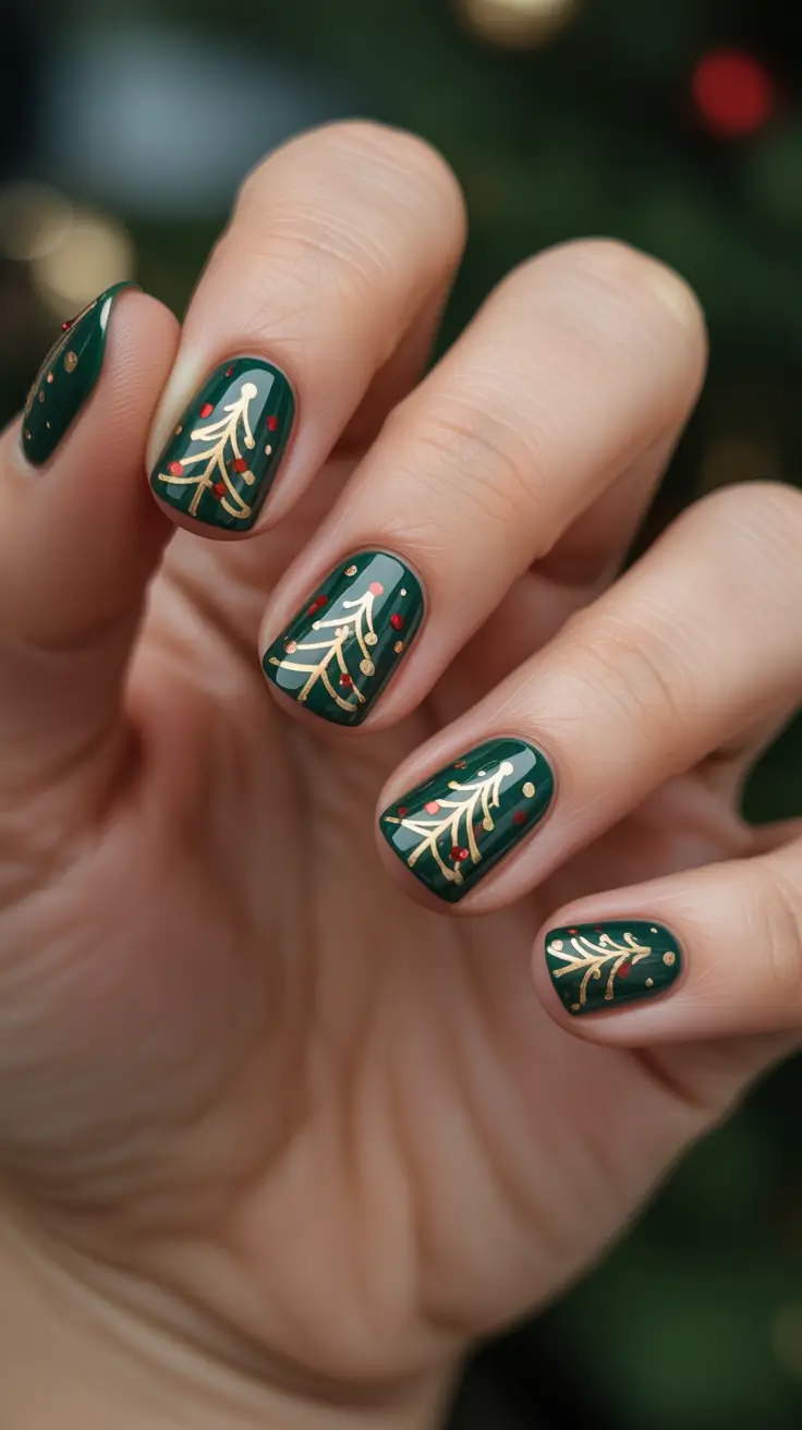 Chic Tree Nail Designs Christmas 2025 - Gilded Fir Dots on Evergreen Shorties