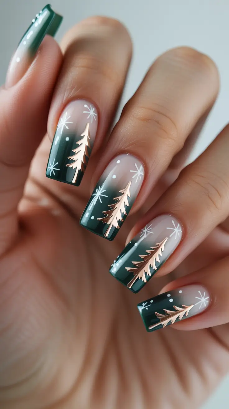 Chic Tree Nail Designs Christmas 2025 - Frosted Ombre With Rose-Gold Trees