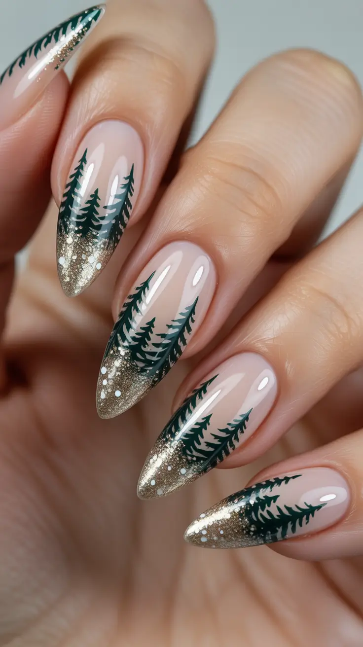 Chic Tree Nail Designs Christmas 2025 - Glittering Pines French