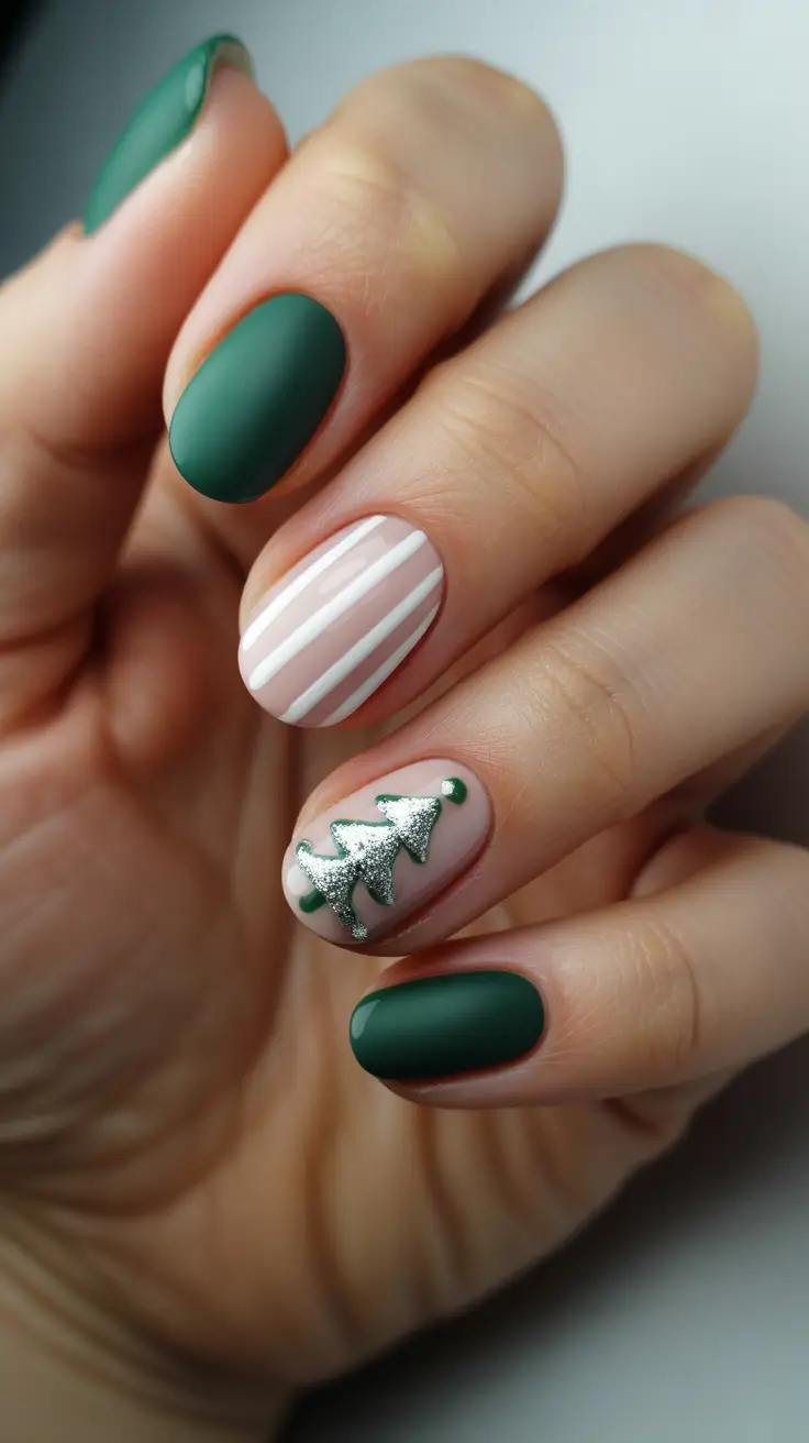 Chic Tree Nail Designs Christmas 2025 - Matte Evergreen With Candy Stripe and Silver Tree