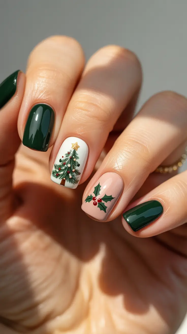 Chic Tree Nail Designs Christmas 2025 - Classic Holly & Star-Topped Tree