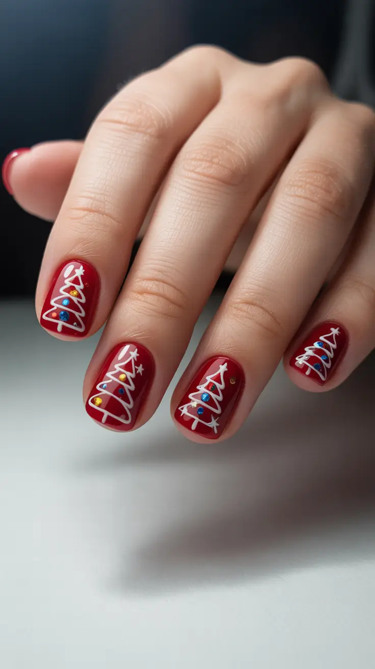 Chic Tree Nail Designs Christmas 2025 - Ribbon Trees on Cranberry Red