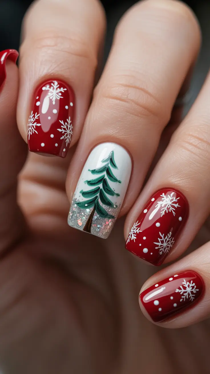 Chic Tree Nail Designs Christmas 2025 - Candy Red Snow Night With Tree Accent