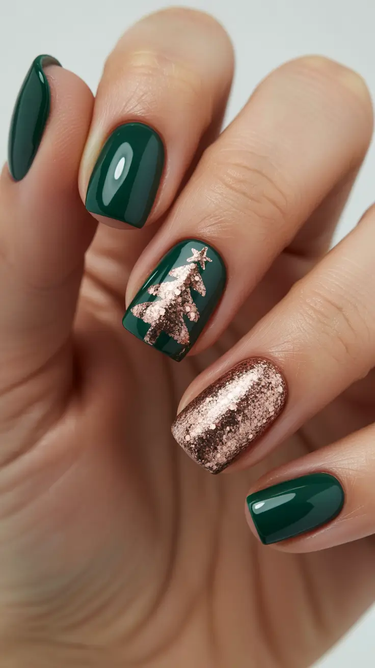 Chic Tree Nail Designs Christmas 2025 - Gilded Fir On Deep Green