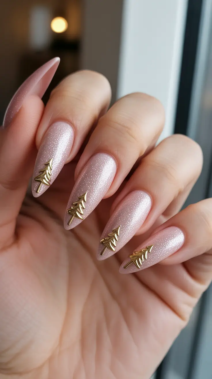 Chic Tree Nail Designs Christmas 2025 - Champagne Pink with Gold Metal Trees