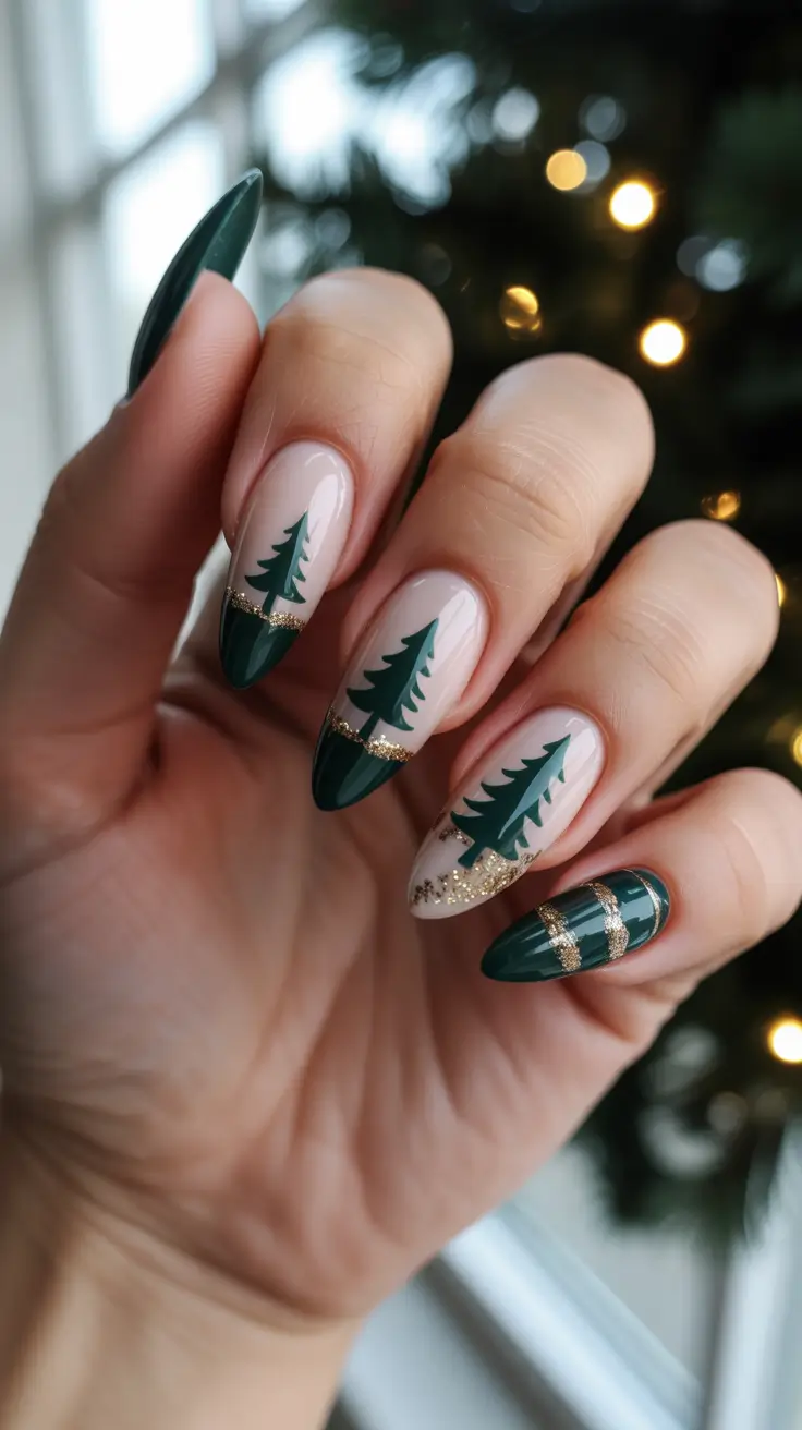 Chic Tree Nail Designs Christmas 2025 - Forest French with Plaid & Glitter Stripes
