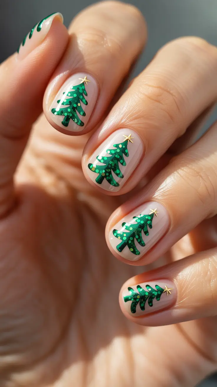 Chic Tree Nail Designs Christmas 2025 - Evergreen Confetti on Sheer Nude