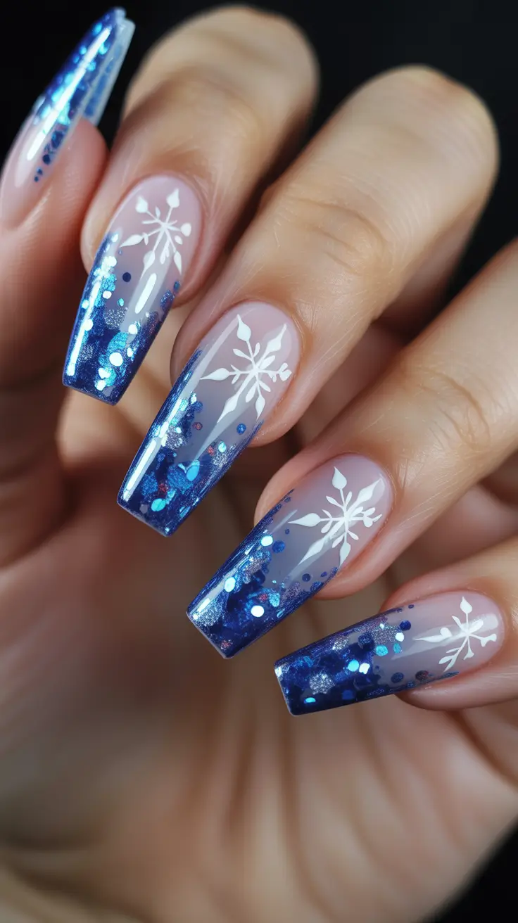 coffin nails and color ideas winter 2025 - 2026 Midnight Snowfall Ombre With Crystal Glitter