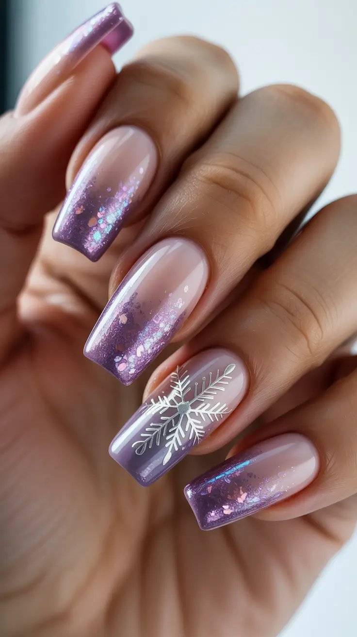 coffin nails and color ideas winter 2025-2026 - Plum-Lilac Glaze With Flurries