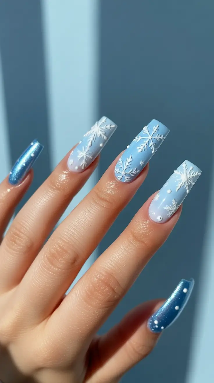 coffin nails and color ideas winter 2025 - 2026 Frosted Sky Blue With 3D Snowflakes