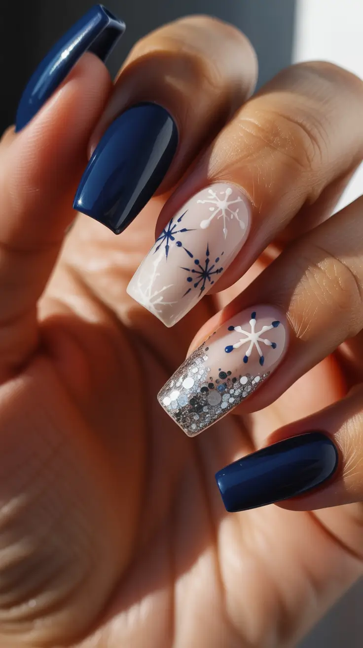 coffin nails and color ideas winter 2025 - 2026 Champagne Sparkle With Navy Pops