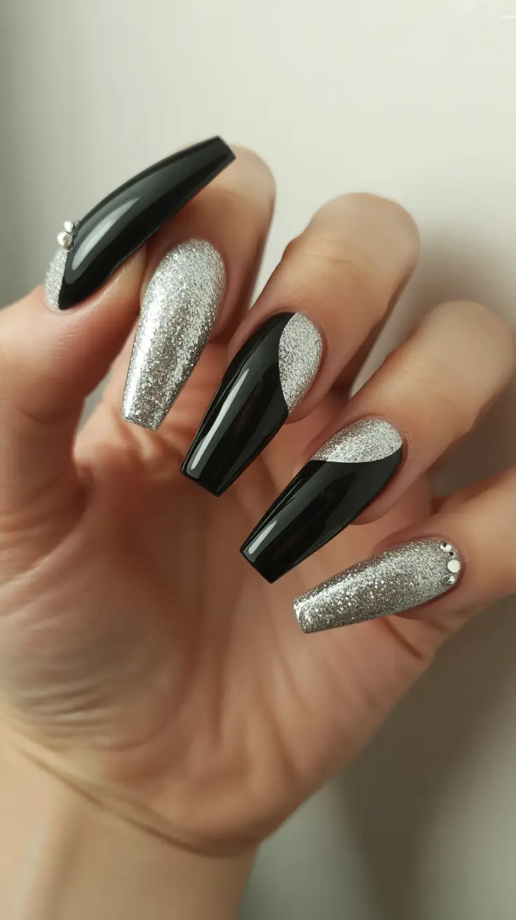 coffin nails and color ideas winter 2025 - 2026 Black Lacquer and Silver Swoops