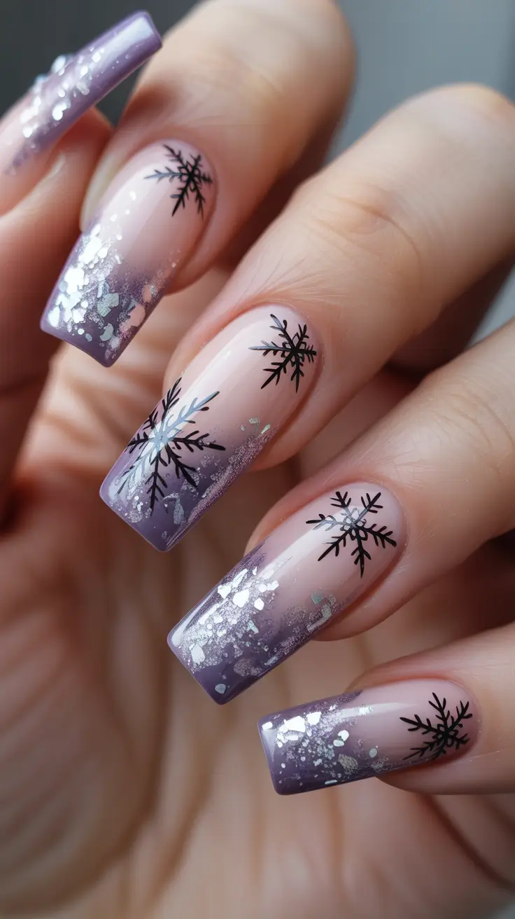 coffin nails and color ideas winter 2025 - 2026 Plum Frost Ombre With Inky Snowflakes