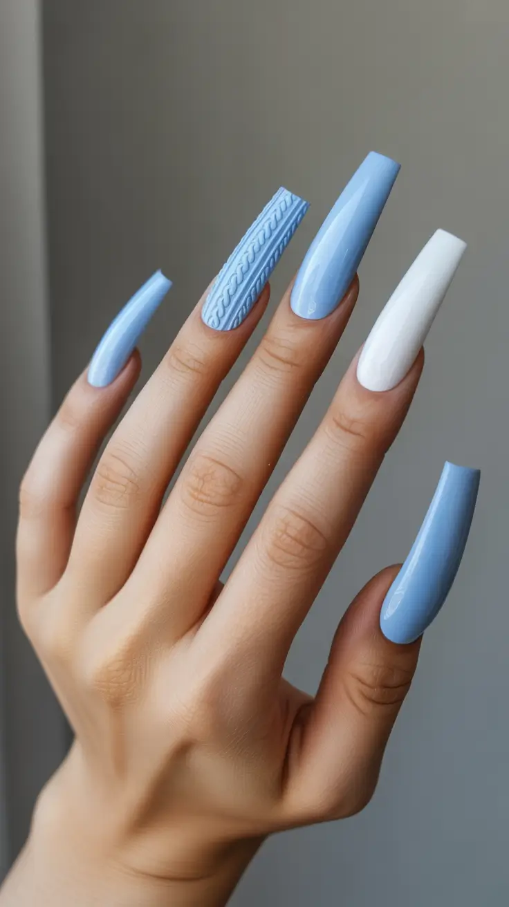 coffin nails and color ideas winter 2025 - 2026 Icy Blue Sweater Set With White Accent
