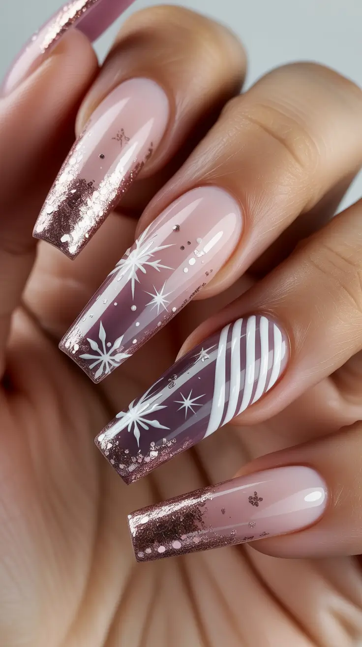 coffin nails and color ideas winter 2025-2026 - Rose-Gold Starlight on Mauve Jelly