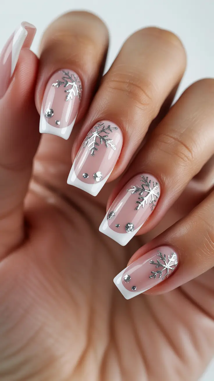 coffin nails and color ideas winter 2025-2026 - Silver Snowflake French - Short and Chic