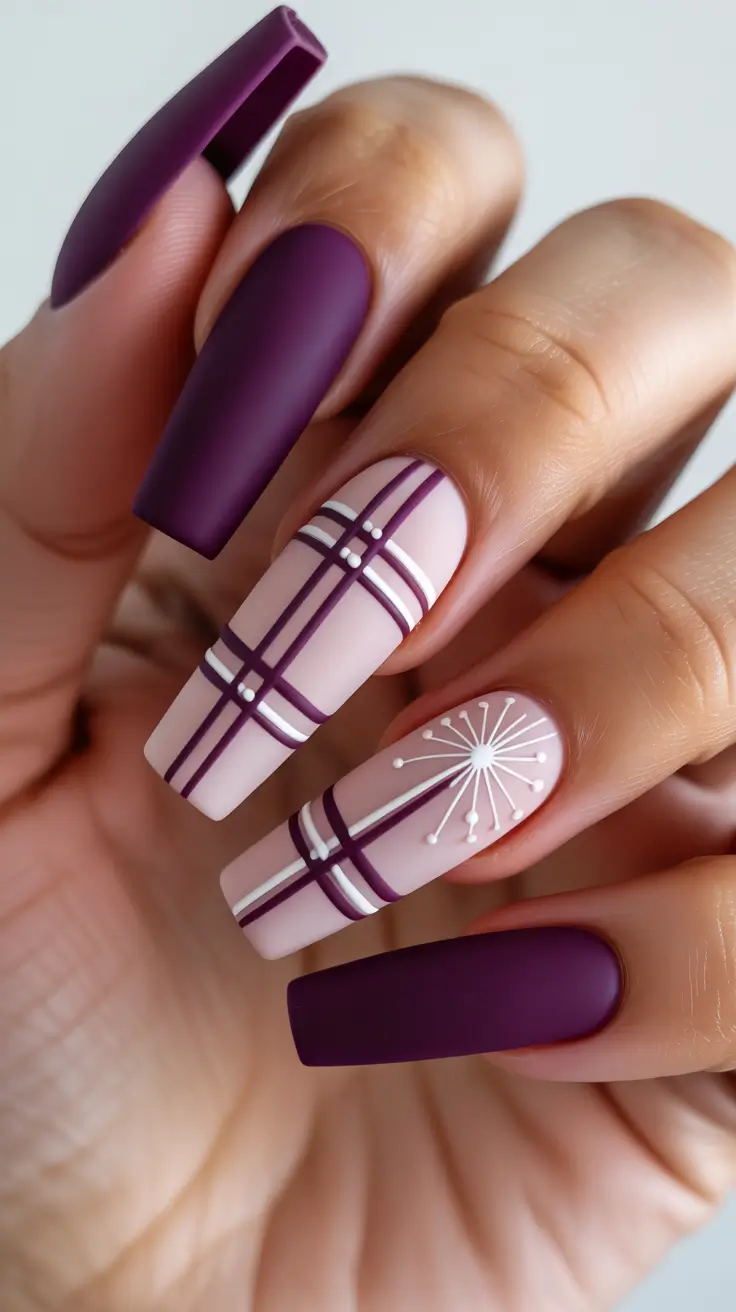 coffin nails and color ideas winter 2025-2026 - Matte Merlot Plaid with Snowburst