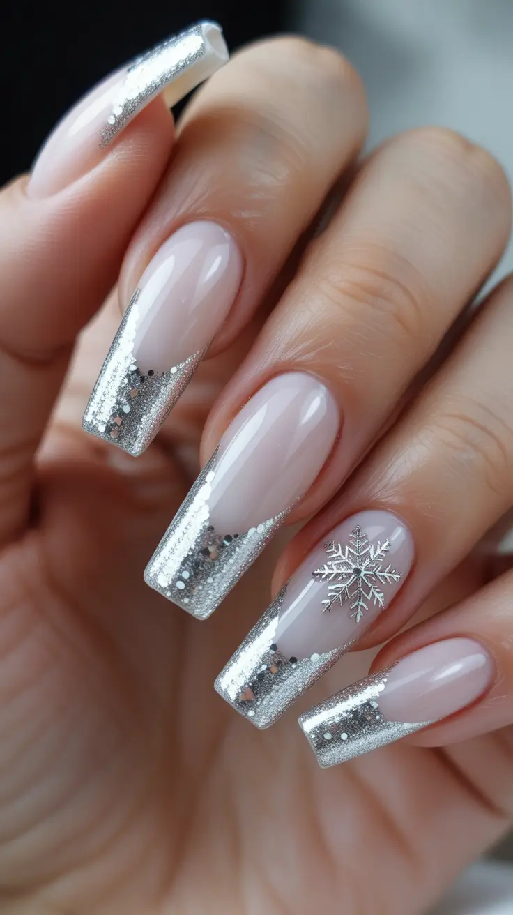 coffin nails and color ideas winter 2025 - 2026 Molten Silver French With Minimal Sparkle