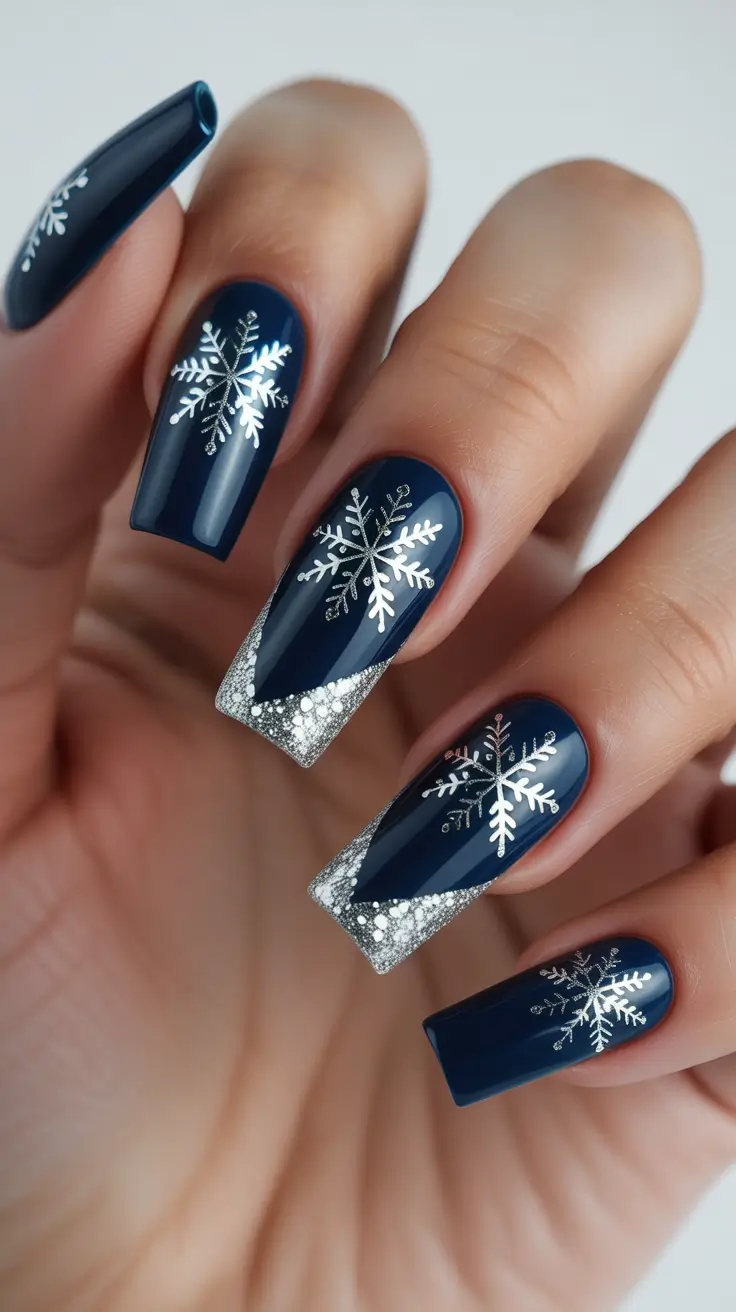 coffin nails and color ideas winter 2025-2026 - Midnight Navy Snow French