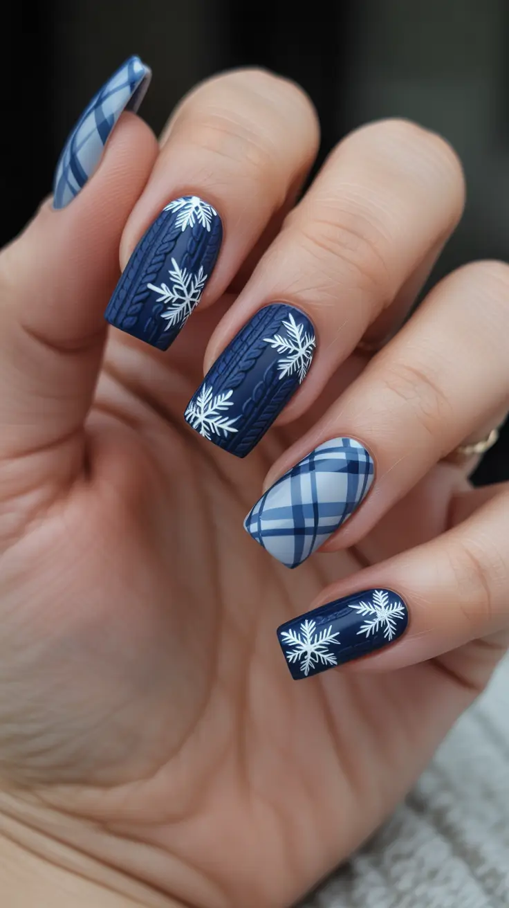 coffin nails and color ideas winter 2025-2026 - Sweater-Texture Navy with Alpine Plaid