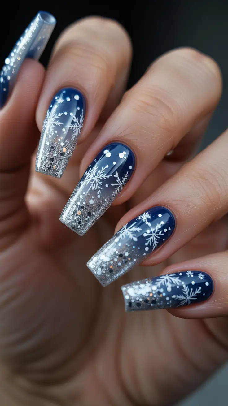 coffin nails and color ideas winter 2025 - 2026 Navy Velvet Gradient With Falling Snowflakes