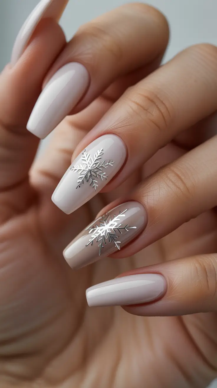 coffin nails and color ideas winter 2025 - 2026 Soft Latte Nude With Chrome Snowflake Accents