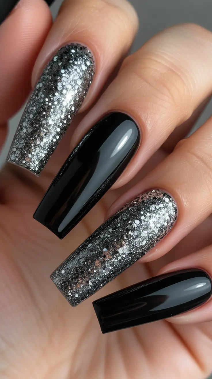 coffin nails and color ideas winter 2025 - 2026 Black Night Sky With Silver Stardust