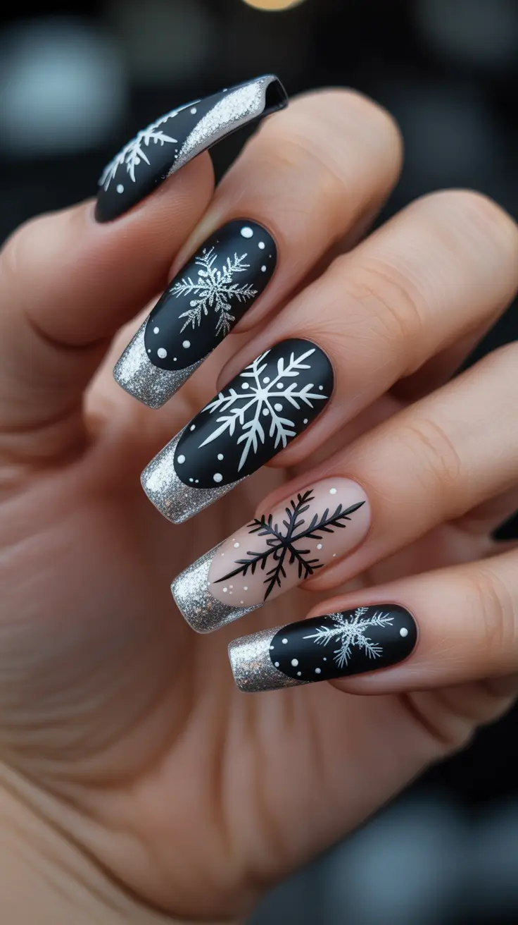 coffin nails and color ideas winter 2025-2026 - Matte Noir Snowflakes With Silver Frost