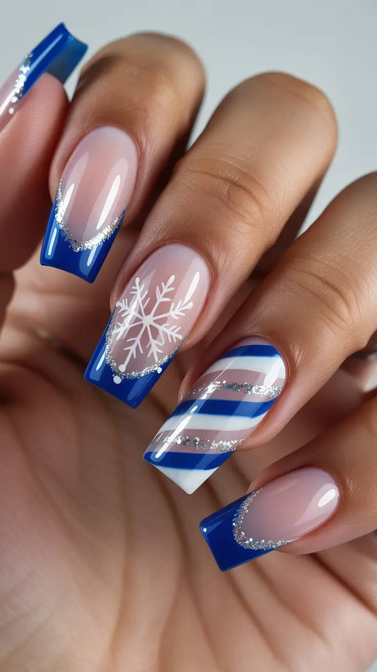 coffin nails and color ideas winter 2025-2026 - Royal Blue French With Candy-Stripe Accent
