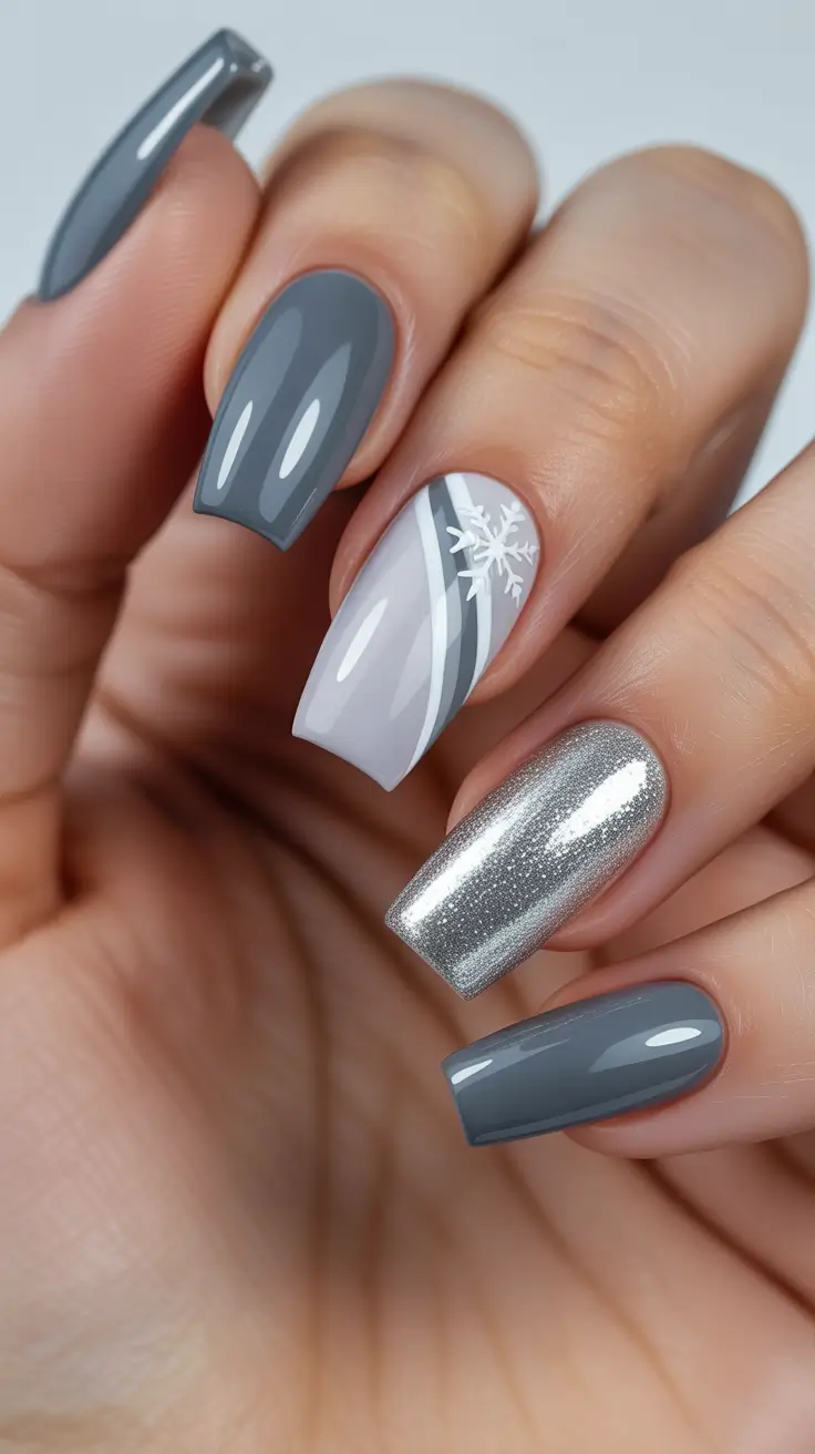 coffin nails and color ideas winter 2025-2026 - Graphite Gloss With Silver Foil Accent
