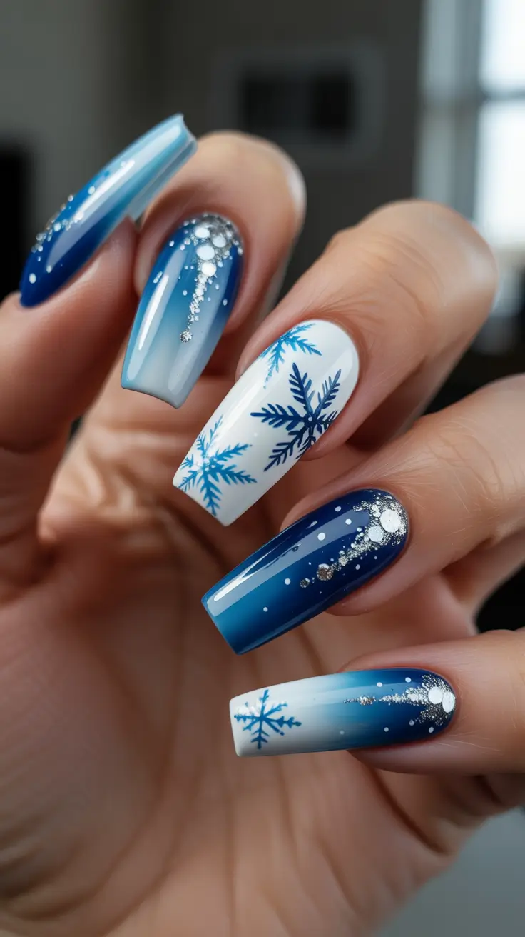coffin nails and color ideas winter 2025-2026 - Blue Hour Ombre With Starlit Sparkles