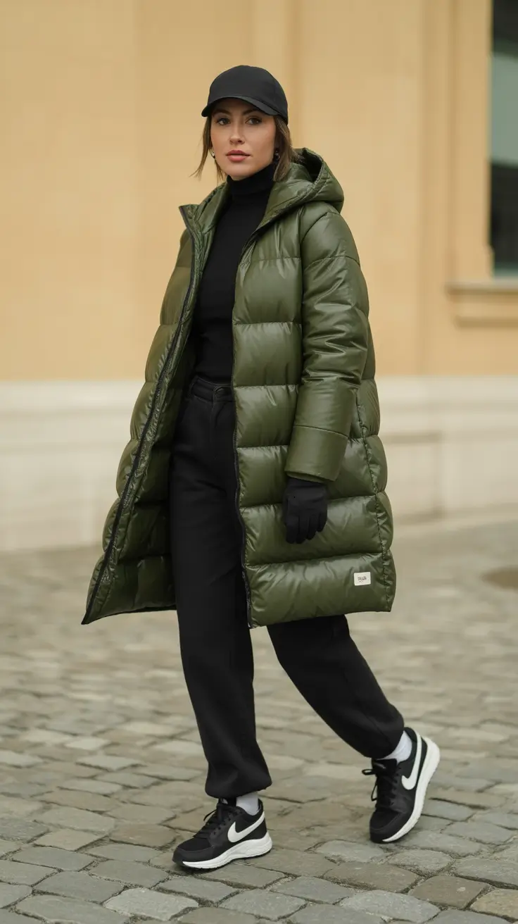 comfy outfits for women 2026 - Olive Puffer + All-Black Base, Sporty City Stroll
