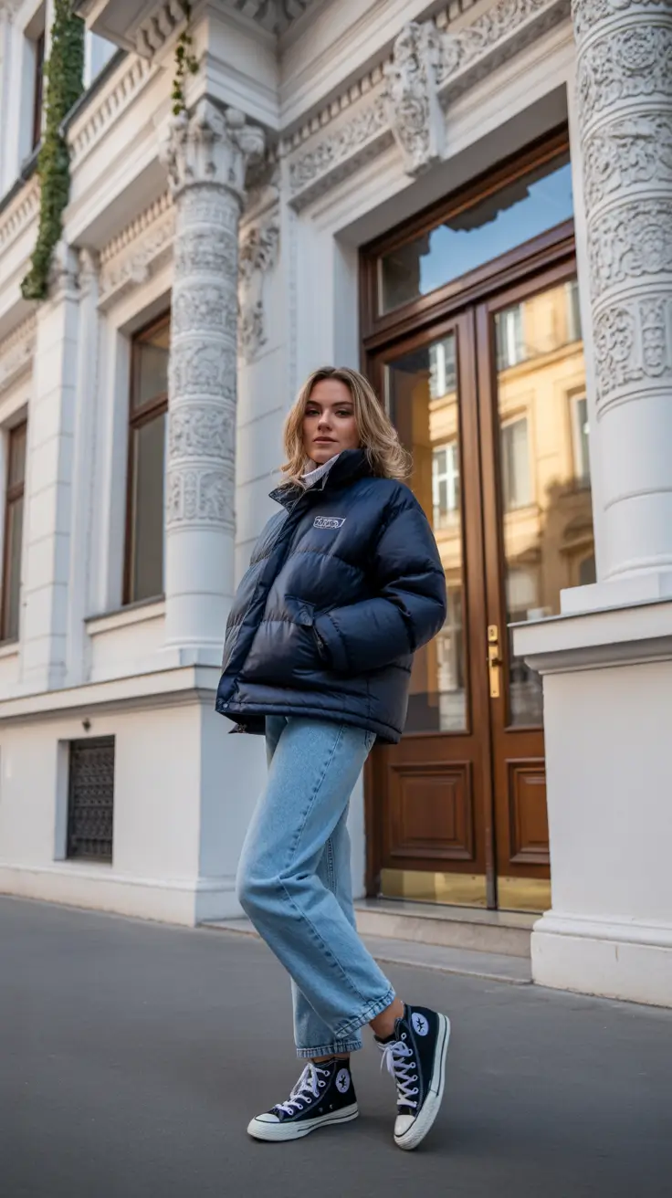comfy outfits for women 2026 - Navy Puffer And Vintage Denim Classic